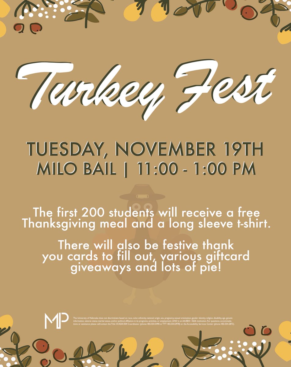 MavPro's tweet photo. GOBBLE GOBBLE 🦃 We are one week away from Turkey Fest! Are you ready for Thanksgiving food, free t-shirts, thank you cards, giveaways and delicious pie?
.
.
#MavPro #MaverickProductions #UNOmaha #TurkeyFest #FreeFood https://t.co/N605T9rwdX