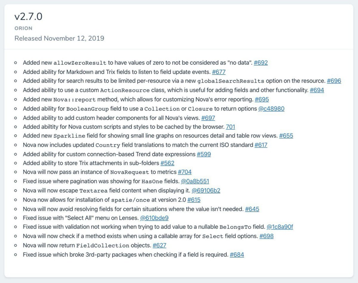 laravelphp's tweet photo. Nova: a beefy new 2.7.0 release is now available! Lots of great tweaks and improvements. 👨‍🚀  https://t.co/oiueIE7cel https://t.co/2JMVtaSUfD