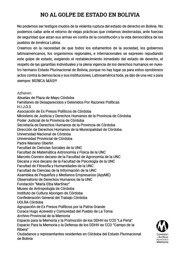 Celebro y acompaño el documento firmado por las distintas instituciones de Córdoba y el <a href="/gobdecordoba/">Gobierno de Córdoba</a> en repudio al golpe de Estado en Bolivia.