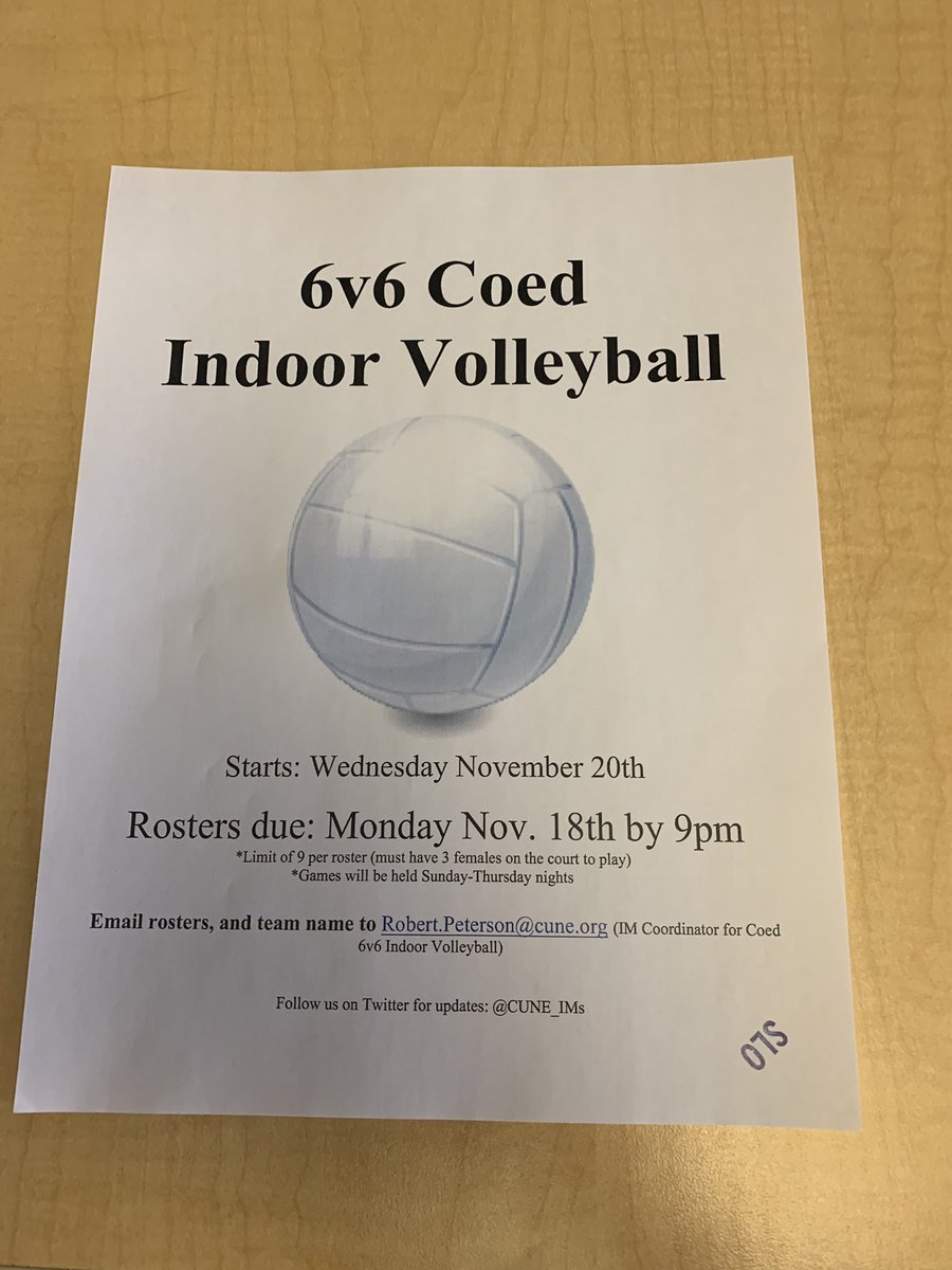 CUNE_IMs's tweet photo. It’s time to sign up for indoor volleyball. There will be recreational, and competitive leagues if we get enough teams! Take a 40 min. break from studying to get your daily exercise. Please email is Robert, or Kennedy if you have any questions. See you on the court! https://t.co/8MXakvA6SK
