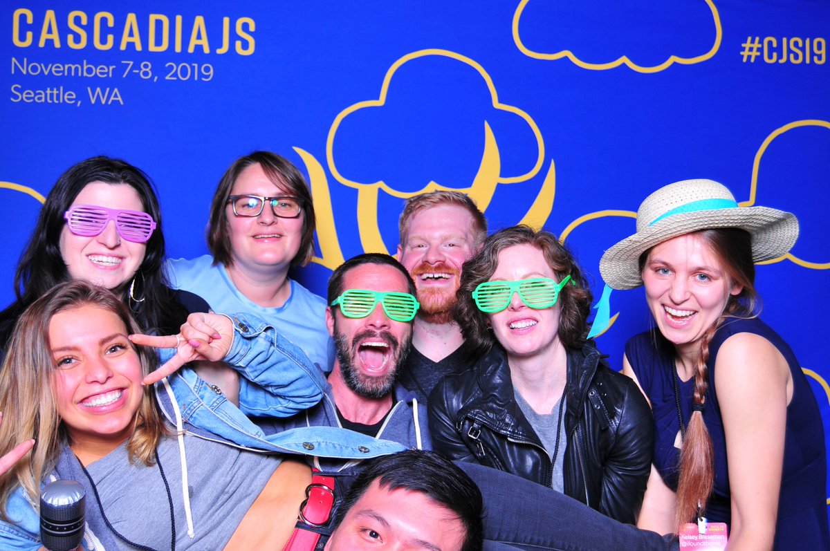the CascadiaJS 2019 organizers having too much fun at the Closing Party