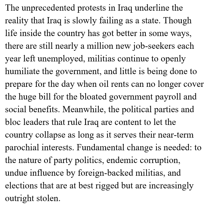 First step is to recognize that the status quo is unsustainable and only benefits a narrow class of bloodsuckers who are going to drain Iraq of any remaining nutrition up til the moment of state failure. This is asset-stripping. Change is needed.