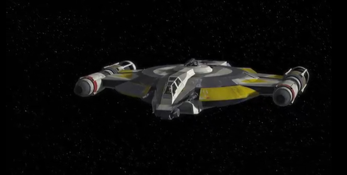  #TheMandalorian   This looks like Lancer-class pursuit craft (like the Shadow Caster in Rebels). If it's not one (the reactors seem longer), it's close. Another model produced by MandalMotors?What do you think dear  @AdmiralNick22 ?One of these ships appears in  #StarWarsIX