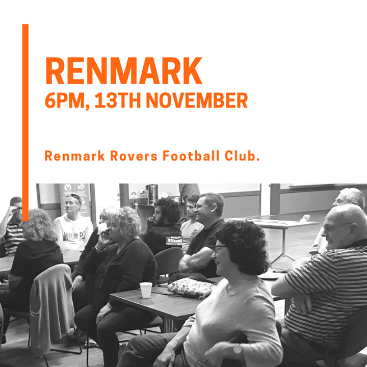 saveourmates's tweet photo. Renmark // Wednesday 13th Nov // Roadshow #2
Anthony Hart &amp; Dr Roma Aloisi.

📍 Renmark Rovers Football Club.
⏰ 6 pm Free BBQ for 6:30 pm start.

BOOK YOUR FREE TICKETS NOW - https://t.co/NhcP9uso72

Proudly supported by @countrysaphn 

#lookoverthegatesaveamate #saveourmates https://t.co/dkCwmcaQVd