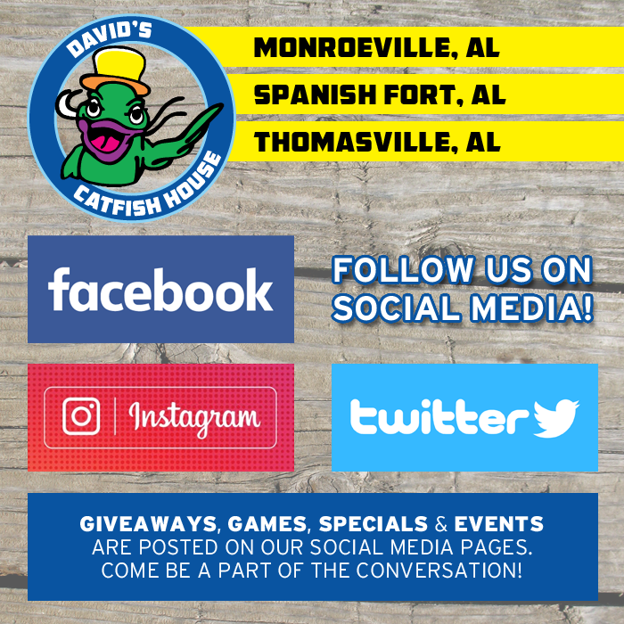 DavidsCatfishAL's tweet photo. Follow us on Social Media! #DavidsCatfishHouse
.
FACEBOOK
- (Monroeville) -> https://t.co/10pio1bRp9
- (Spanish Fort) -> https://t.co/YfDYX0o5c0
- (Thomasville) -> https://t.co/xZvEcr5cTe
.
INSTAGRAM -> https://t.co/36Uh6bcezC
.
TWITTER -> https://t.co/6tK42J6DMi https://t.co/MVxBRboGwz