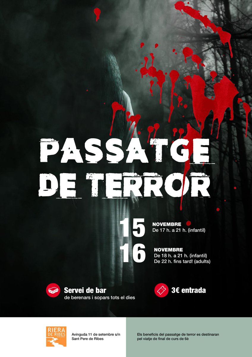 Ieps... no us ho podeu perdre. Divendres 15 i dissabte 16, PASSATGE DE TERROR a <a href="/Rieraderibes/">EscolaRieradeRibes</a> per finançar el viatge final de sisè
Consulta tota la informació en la foto-cartell que veus aquí sota: