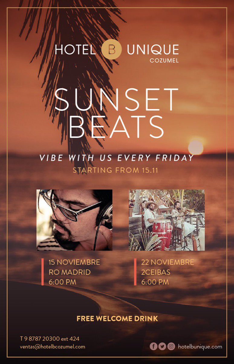 CzmHotels's tweet photo. @hotelbcozumel
Come and enjoy whit us the best parties in Cozumel. Be part of this great experience. 

#SunsetBeats #Cozumel #JustB #Music #Festival https://t.co/qi7rPWnh2y