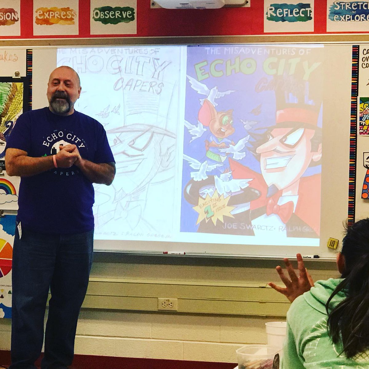 EASDRodrigues's tweet photo. Today, the Echo City Capers visited the art room @EASDMarch to share the creative process behind their comic book series with 5th grade students who saw firsthand what it takes to translate text into images. #artistsintheartroom #authenticlearningexperience https://t.co/a92q8KpAEe