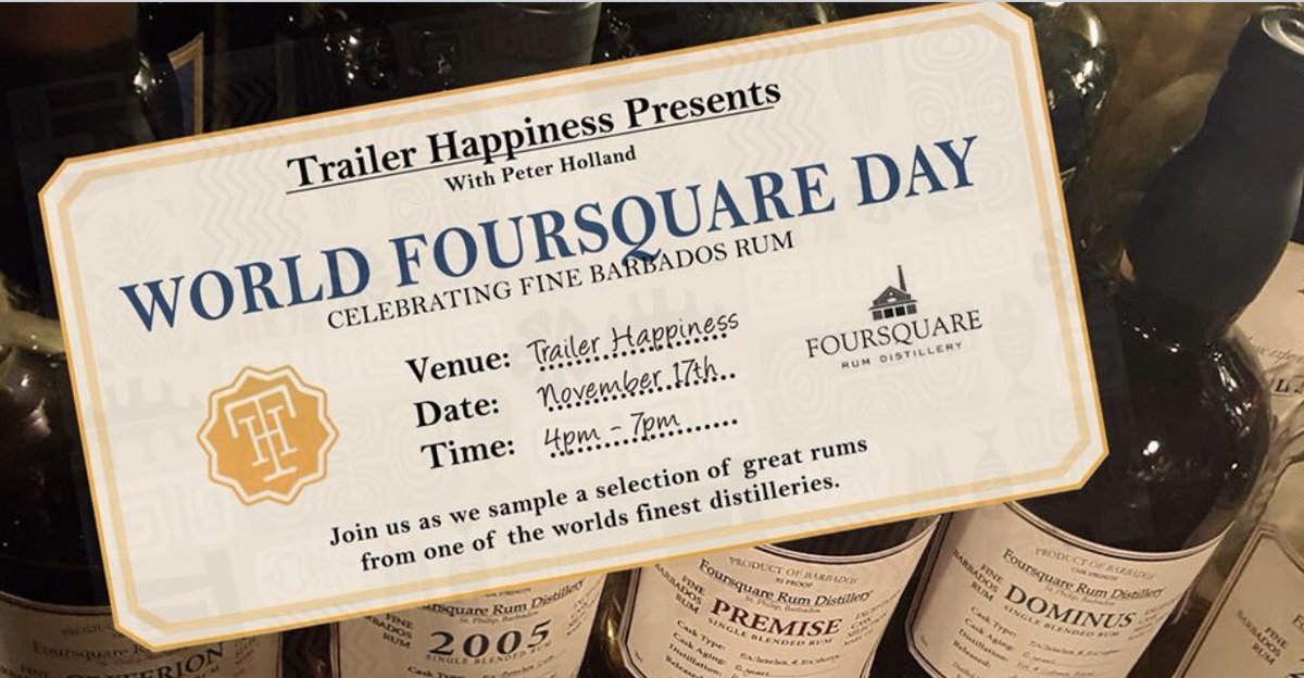 DoorlysUK's tweet photo. This Sunday 17th November, we’ll be marking #WorldFoursquareDay with a tasting event at @TrailerH. The fun starts at 4pm. See you there?
Ticket details: https://t.co/ykfluK913O #WFD19 @foursquare_rum https://t.co/ifQPi2g3sv