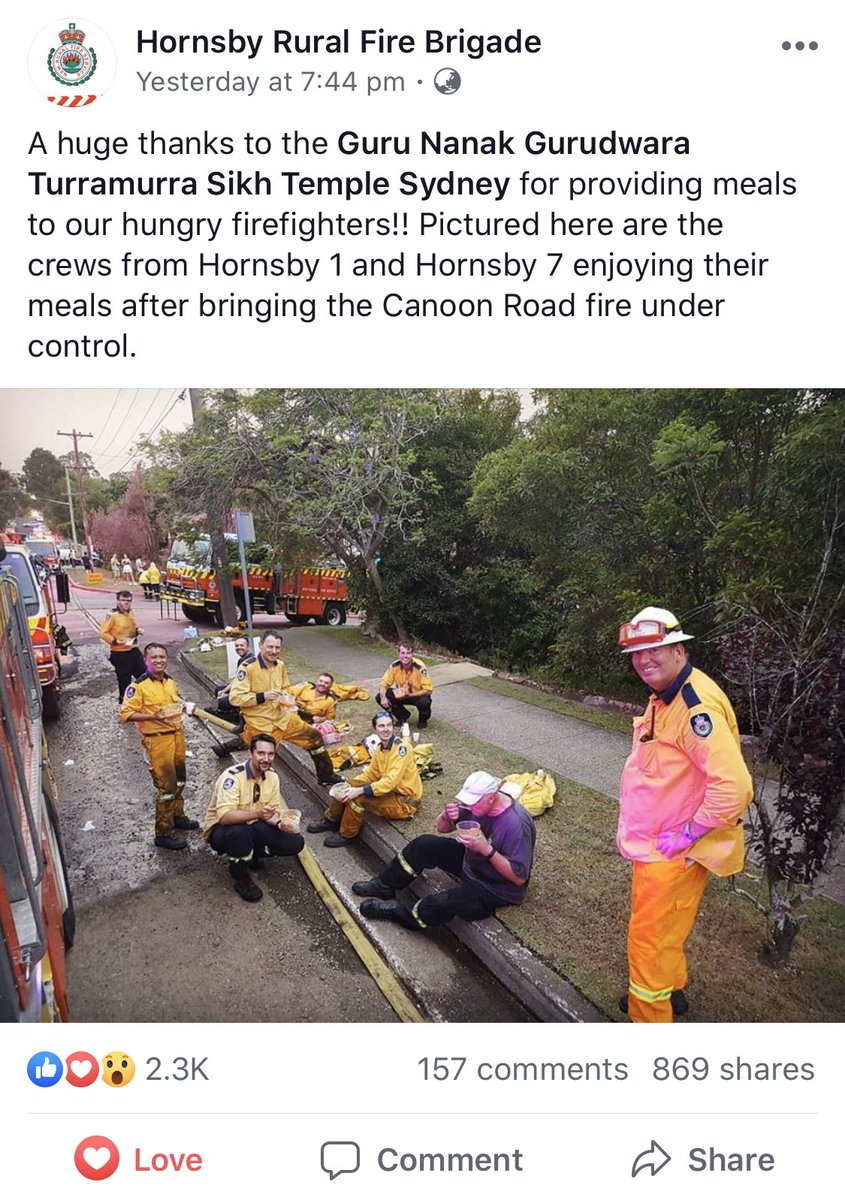 The Sydney Sikh community doing their part for the community in true Sikh spirit by providing meals to the firies battling the fires near the Gurdwara! 

#AUSTRALIAFIRES #AUSTRALIANBUSHFIRES #NSWfires #nswbushfire #550YearsOfGuruNanakDevJi #550PrakashPurab