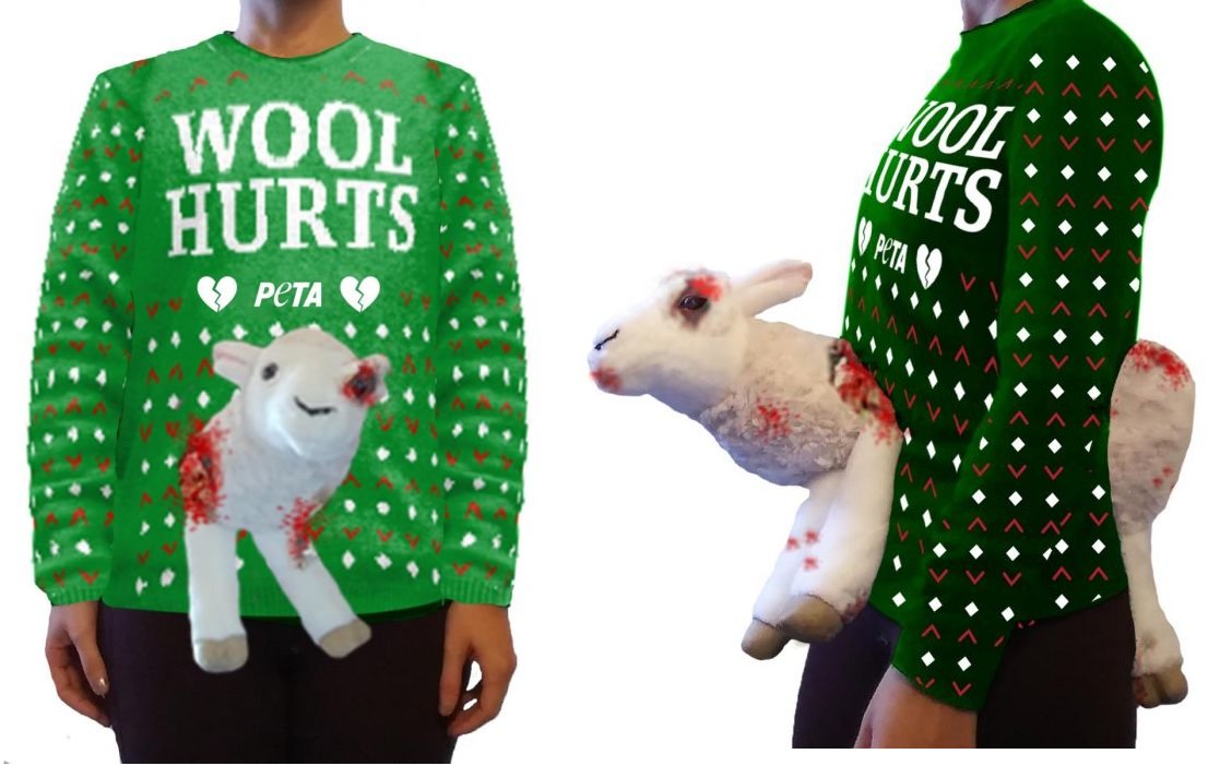nypost's tweet image. PETA sells $150 'wool hurts' sweater featuring bloody sheep trib.al/g4JnCmy