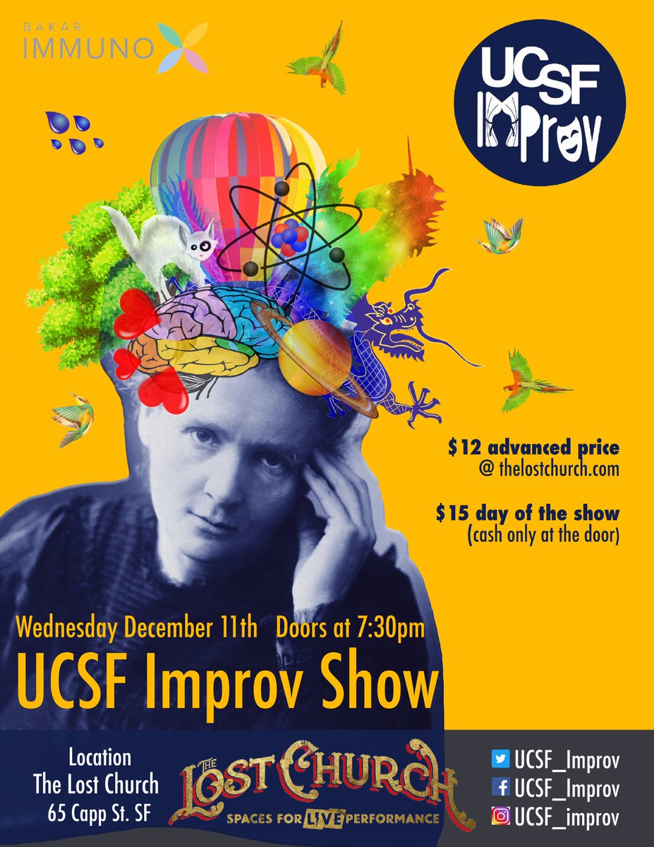 UCSF_Improv's tweet image. Remember to get your ticket for our first UCSF Improv show, Wednesday December 11th at &quot;The Lost Church&quot; theater in San Francisco. Tickets available online:

thelostchurch.secure.force.com/ticket/patront…

There are limited number of seats available!

#scienceandimprov