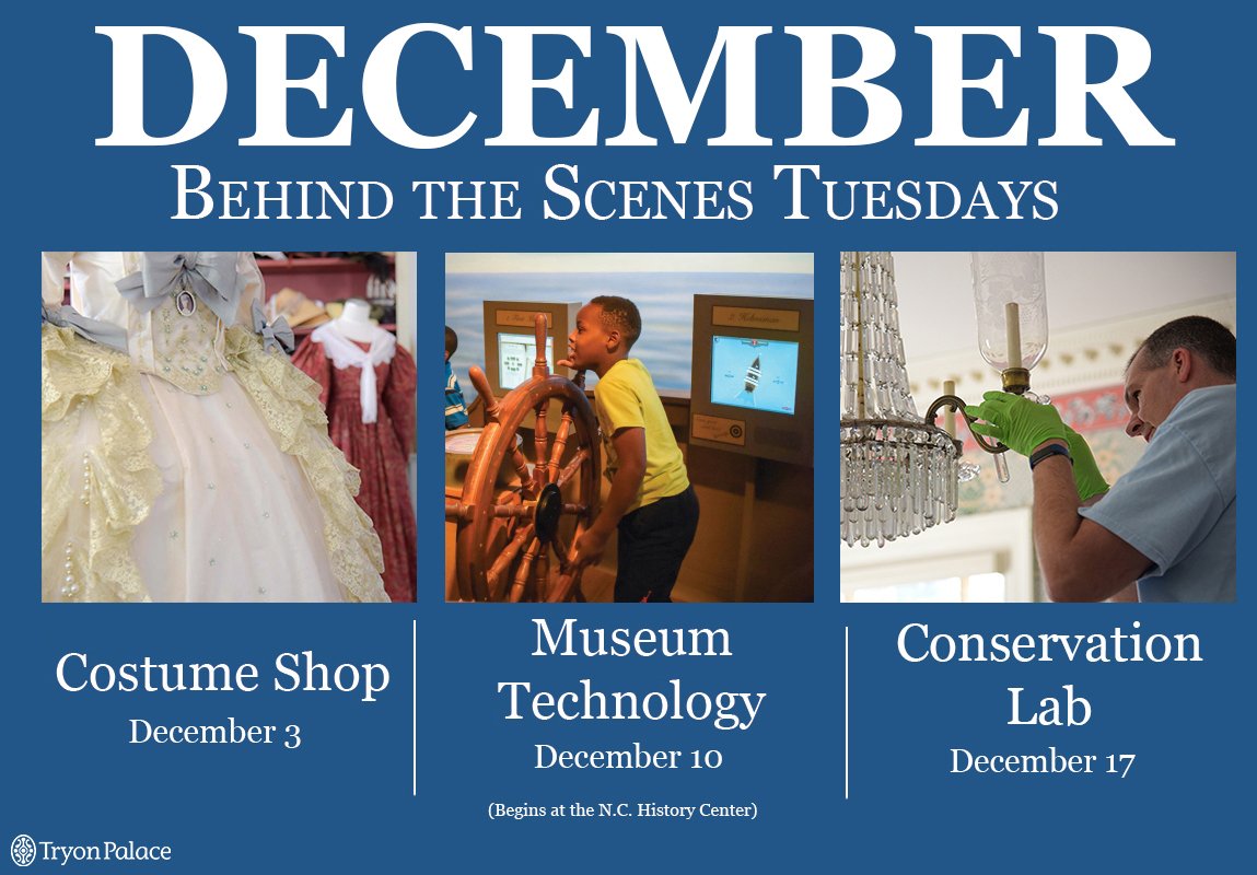 Not only does December at Tryon Palace mean Candlelight and tons of fun holiday events, but there's also a new set of Behind the Scenes tours! To find out more about what's happening at Tryon Palace this December, check out the Tryon Palace calendar at tryonpalace.org/calendar!