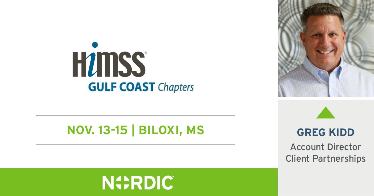 Nordic_Global's tweet photo. If you plan to be at the Gulf Coast HIMSS Chapters’ GC3 Conference this week, then you should also plan to find Greg there and learn how Nordic can help with your organization’s plans for 2020. #GC3HIMSS https://t.co/616Va2q9Kt
