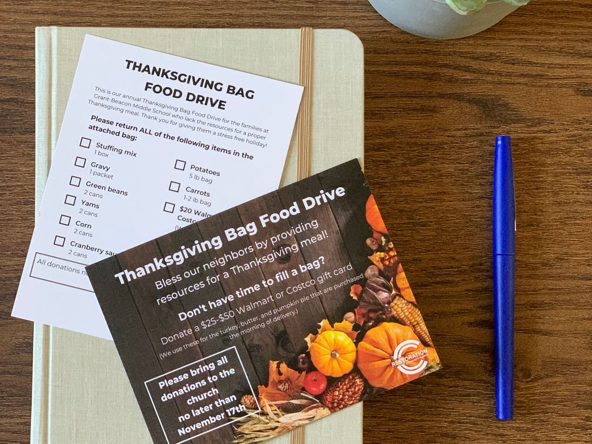 RCCDenver's tweet photo. Reminder 🚨Bring your filled Thanksgiving bags and gift cards back this weekend! All donations are needed by Sunday's 12pm service. If you are interested in helping deliver the bags to Grant Beacon, contact Kaylee (kaylee@restorationcc.us) https://t.co/tHAswtf5Jt