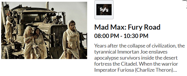 TeleUP_USA's tweet photo. Watch Mad Max: Fury Road tonight at 8:00 PM EDT on SYFY
See preview: https://t.co/3ytDEJs92K https://t.co/vYNygO87wg