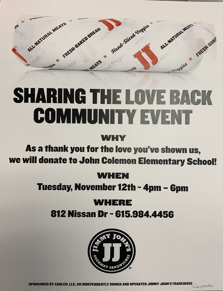 sacarpenter6285's tweet image. #RutherfordCounty go grab some dinner tonight and help out @JCElem_RCS meet their fundraising goals!  #rcschools @rucoschools #3rdgraderocks #dinner #jimmyjohns #freakyfast @jimmyjohns