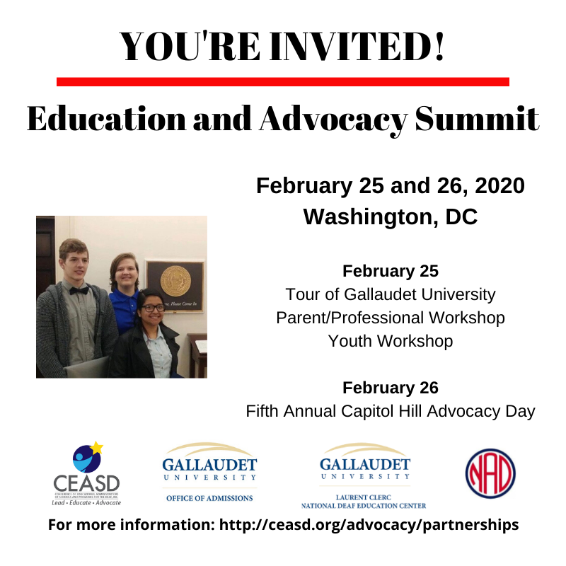 ceasd1868's tweet photo. You're invited to the next Education and Advocacy Summit hosted by @ceasd1868 @NAD1880 @GallaudetU and @ClercCenter. Join us February 25 and 26 in Washington, DC. For more information, go to https://t.co/0jYn1tBdpM #DeafEd #DeafEducation https://t.co/ZwWELXs6Tx