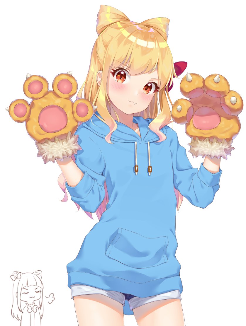 paw gloves animal hands white background blonde hair hair bow hood blue hoodie  illustration images