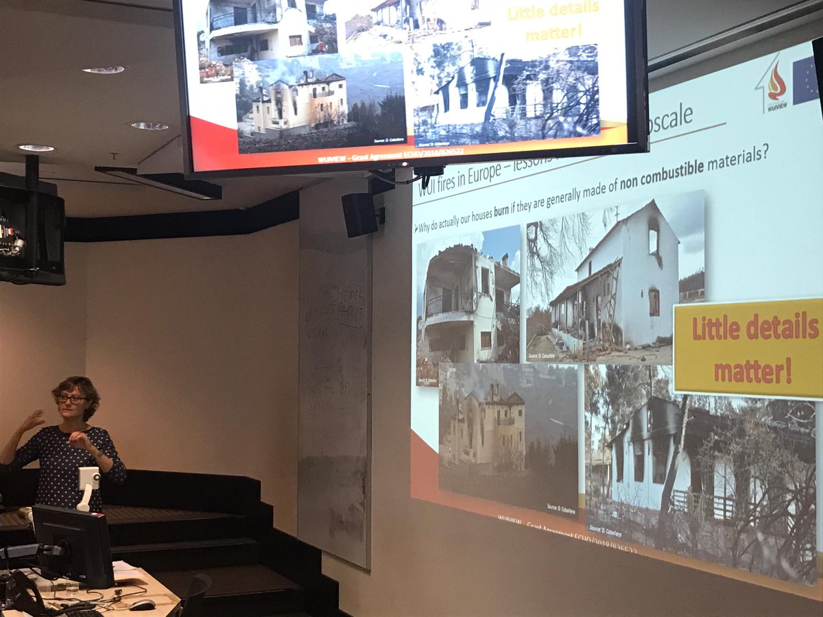 GEO_SAFE's tweet photo. #GEOSAFE2019 2nd Day ! @elsa_pastor
 is presenting a synthetized summary of #LessonsLearnt  after analysing recent WUI fires in Europe 🏘️🇪🇺

🤔💭Why do actually our houses burn if they generally made of NON-COMBUSTIBLE material?
Learning that Little Details Matters @wuiview https://t.co/M1BXjX1dKq