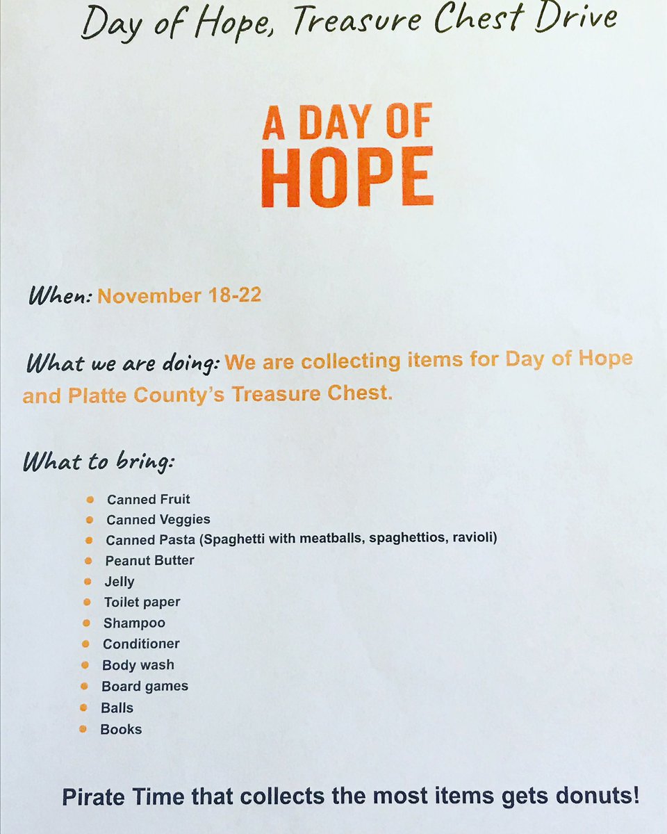 pcmsSTUCOpirate's tweet photo. Join us November 18th through the 22nd by donating items to the Day Of Hope and Treasure Chest Drive! The pirate time that donates the most items gets doughnuts! https://t.co/0oWSEyt9My