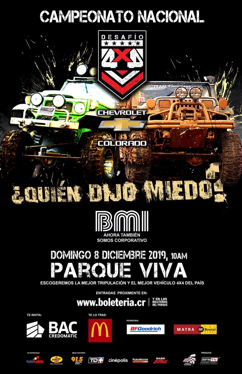 Regresa el mejor evento 4x4 del país !!
Renovado, cambio de pista y muchas novedades !!
8 de diciembre, 9 de la mañana, Parque Viva ...

Entradas a la venta próximamente en boleteria.cr

Reglamentos en rpmtv.net y más información al 2588-2828
#4x4