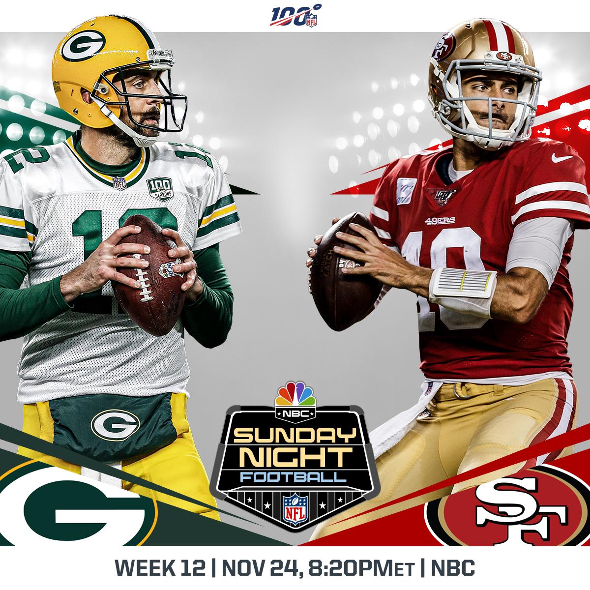 NFL on X: 'The @packers vs. @49ers Week 12 matchup has been flexed to  8:20pm ET for Sunday Night Football! #SEAvsPHI has been moved to 1pm ET on  Fox  / X
