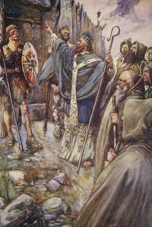 Bede states that Columba, a Gael, used an interpreter during his mission to the Picts.Saint Columba preaching to Bridei, king of Fortriu in 565.