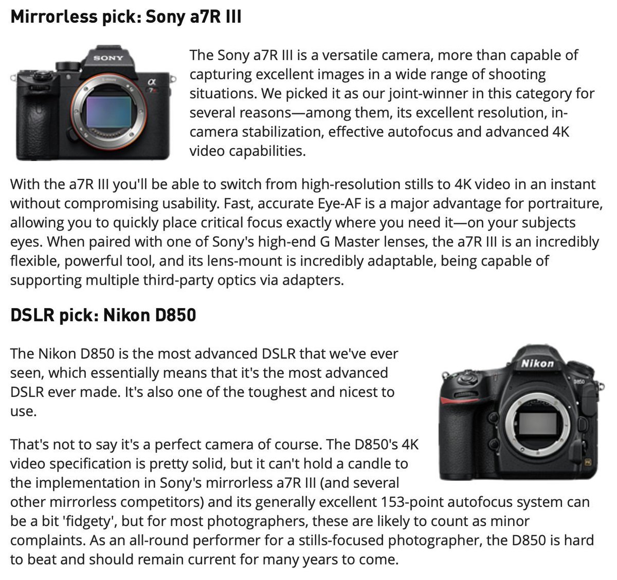 nikonrumors's tweet image. Dpreview still lists the Nikon D850 as the best camera over $2,000 (together with the Sony a7R III):

dpreview.com/reviews/buying…
