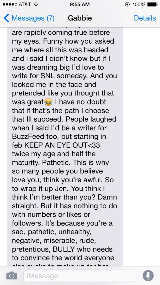 Gabbie decided to handle this with as little grace as possible, going as far as to send this insane series of texts to Jessi’s bff, Jen