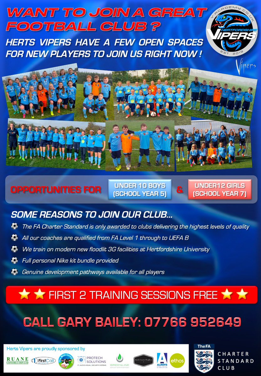 HertsV's tweet photo. WANT TO JOIN OUR CLUB?
U10 Boys (school year 5)
U12 Girls (school year 7)
#VipersFamily
https://t.co/3V7hUv5yFk https://t.co/8QBBAQTmWV