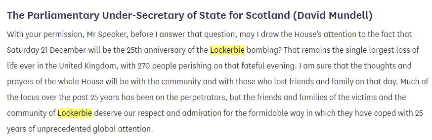 2013:David's 3 year haitus finally ends on the 18th December 2013 where he marks the 25th anniversary of the Lockerbie bombing. He also mentions that he was proud to open a food bank in Peebles. This is the one and only time he has ever mentioned Peebles in the House /11