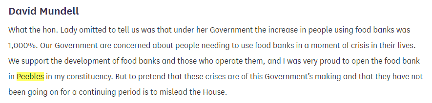 2013:David's 3 year haitus finally ends on the 18th December 2013 where he marks the 25th anniversary of the Lockerbie bombing. He also mentions that he was proud to open a food bank in Peebles. This is the one and only time he has ever mentioned Peebles in the House /11