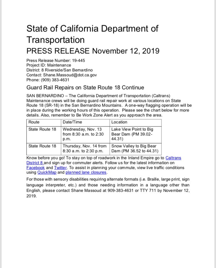 Mtnreporter's tweet photo. #Caltrans8 maintenance crews will be working on I-15, SR-79, I-10 &amp; SR-18. via @Caltrans8 #mountainReporter #bigbear #runningsprings #arrowhead #crestline #breakingne https://t.co/lFVgwctb1g