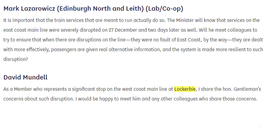 2015:Mark Lazarowicz complains about disruption to the East Coast main line. Something stirs in Fluffy and he remembers that Lockerbie station in his constituency.That was in January and he took a break from representing those towns. It lasted until February 2016 /13