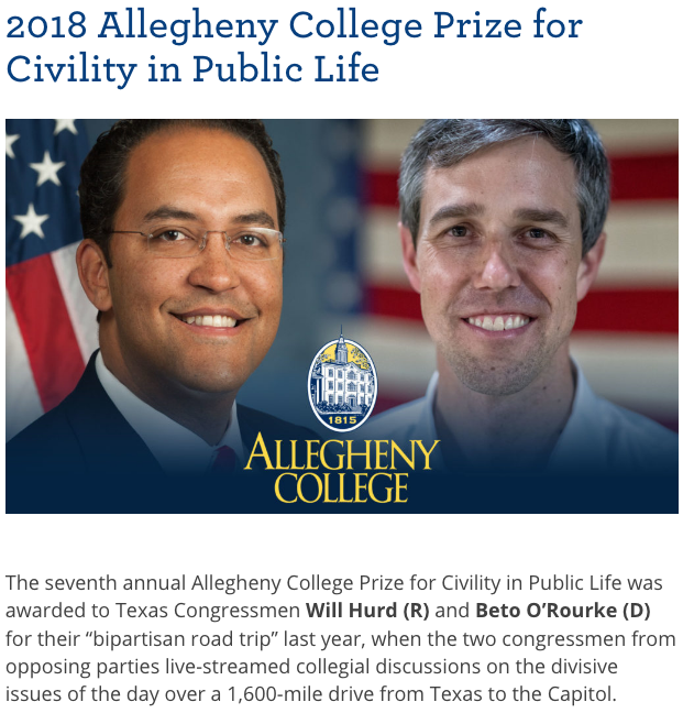 1/7 Thread. On july 17, 2018, Beto O'Rourke received the Allegheny College Prize for civility in public life, along with his colleague Will Hurd.