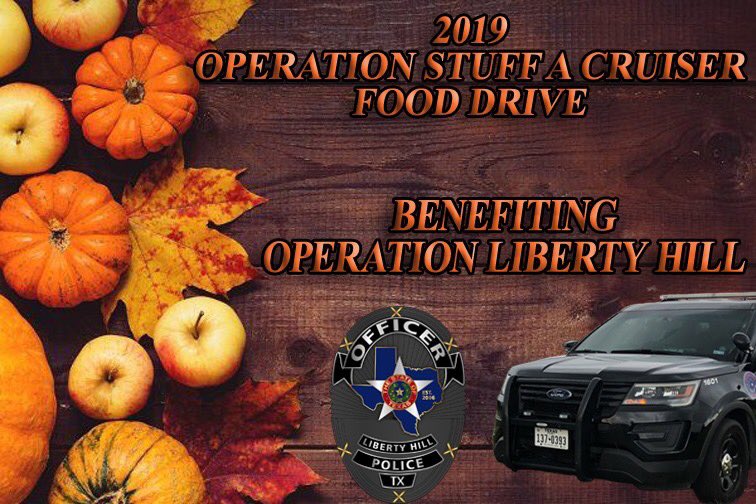 Tuesday Nov. 19th, 2019 11:00AM-3:00PM-15500 W SH 29.

Wednesday Nov. 20th, 2019 11:00AM-3:00PM-Liberty Hill Police Department

Thursday Nov. 21st, 2019 9:00AM-11:00AM- Classic Bank located at 12291 W SH 29. 

Friday Nov. 22nd, 2019 11:00AM-3:00PM- Liberty Hill Police Department