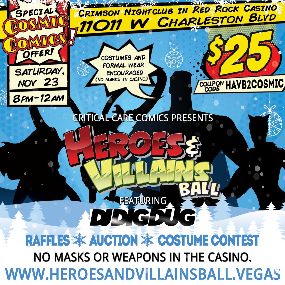 CosmicComicsLV's tweet image. Hey True Believers! Help us support @CCComics4kids &amp;amp; have fun while you do it! Use coupon code HAVB2COSMIC at checkout to get your Heroes &amp;amp; Villains Ball GA tickets for just $25! Get your tickets at: heroesandvillainsball.vegas/product/genera… #charity #fundraising #fundraiser #lasvegas #charityball