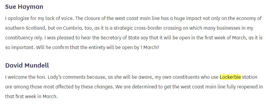 2016:Sue Hayman brings up disruption to the West Coast mainline. Fluffy recalls he's the Lockerbie MP again & is determined to have the line reopened. If you judge him on 1 issue, this is the only thing of substance he's brought up a few times. The service is still appalling/14