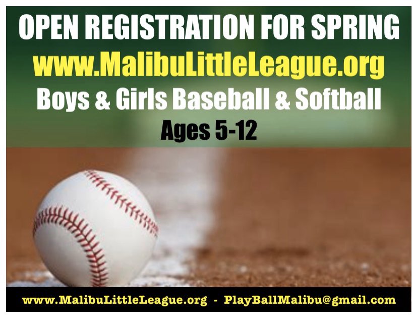 Malibu Little League (@mllstatus) on Twitter photo Registration for 2020 Spring baseball and softball is now open! Please go to malibulittleleague.org for more information and follow us at <a href="/MLLstatus/">Malibu Little League</a> for important updates throughout the season. <a href="/CityMalibu/">City of Malibu</a> <a href="/MalibuESVB/">Malibu Elementary</a> <a href="/hertzinator/">Christopher Hertz</a> <a href="/webstermalibu/">Webster Elementary</a> <a href="/MalibuPathway/">Malibu Schools Pathway</a> Registration for 2020 Spring baseball and softball is now open! Please go to malibulittleleague.org for more information and follow us at <a href="/MLLstatus/">Malibu Little League</a> for important updates throughout the season. <a href="/CityMalibu/">City of Malibu</a> <a href="/MalibuESVB/">Malibu Elementary</a> <a href="/hertzinator/">Christopher Hertz</a> <a href="/webstermalibu/">Webster Elementary</a> <a href="/MalibuPathway/">Malibu Schools Pathway</a>
