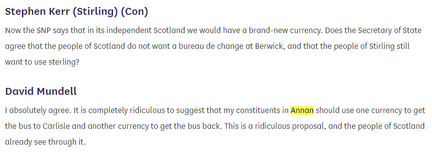 2019:Folk in Annan may feel amazed the closure of Pinneys in 2018 ably assisted by a bung from the UK Government to move to Grimsby would warrant a mention by their swashbuckling local MP. Well- he does mention Annan once in his 14 years but only to attack the SNP on currency/19