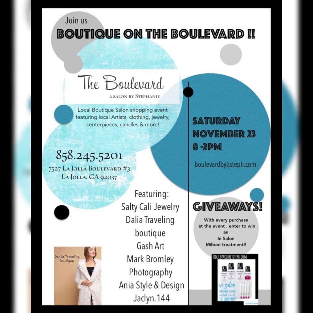 It’s a Boutique Event on The Boulevard ! Join us for some treats and shopping ! At the Boulevard Salon and Friends ! #lajolla #salon #boulevardbyljsteph #boutiquesalon #artgallery #shopping #givaways #holidayseason #saltycalijewelry #boutiqueevent #milbon #loma #gashart