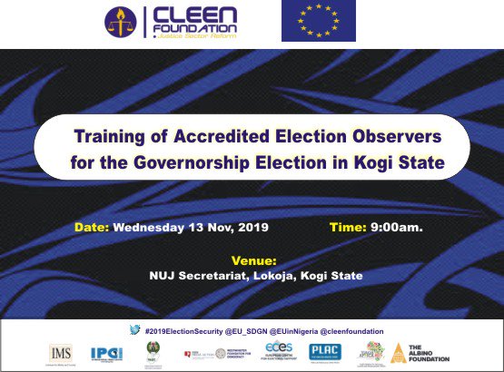 ChigozirimOdink's tweet image. Happening Today: @cleenfoundation Training of Accredited Election Observers for the Nov 16 Governorship Election in Kogi State with support from the European Union under the Support to Democratic Governance in Nigeria.
@EU_SDGN
#KogiDecides2019
#2019ElectionSecurity
@inecnigeria