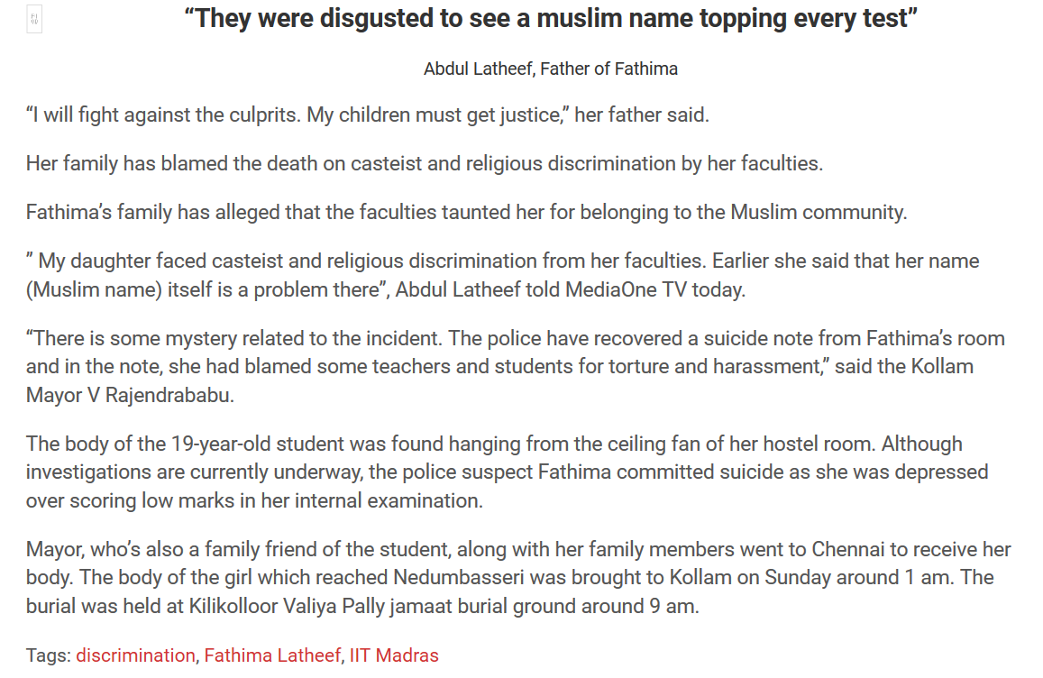 imMAK02's tweet photo. She is 19 yo Fathima Latheef from IIT Madras. 

She has committed suicide because her faculty allegedly taunted her for her Muslim identity.

”My daughter faced casteist and religious discrimination from her faculties”~Abdul Latheef 

why mainstream media is silent on this??

1/2 https://t.co/6G9yU0lFz8