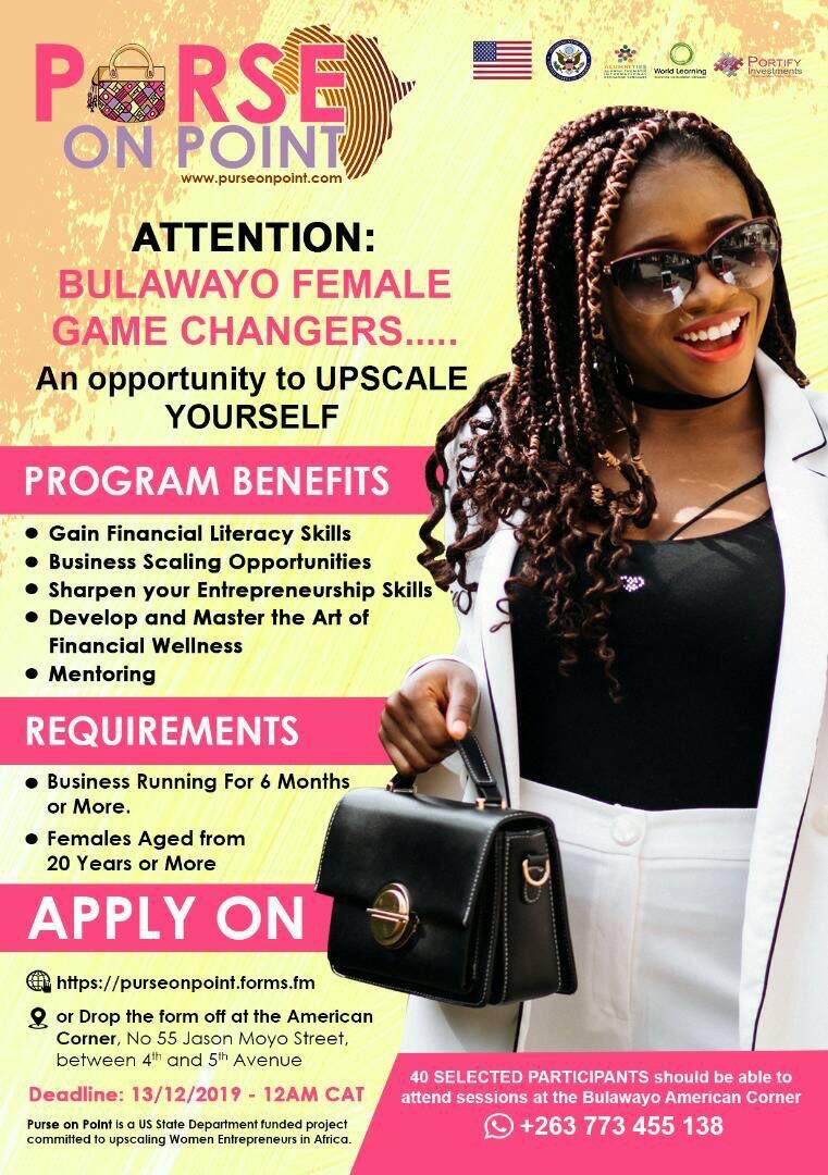 AmakhosikaziFM's tweet photo. Bulawayo based female entrepreneurs this is an opportunity to gain entrepreneurial skills & seed funding. Deadline is 13 Dec 2019. Only 40 spots available. Details on attached flier. You snooze you loose! #PurseOnPoint @nustamspace @usembassyharare @no_maburner @thwithakazi https://t.co/2wawX6M5vF