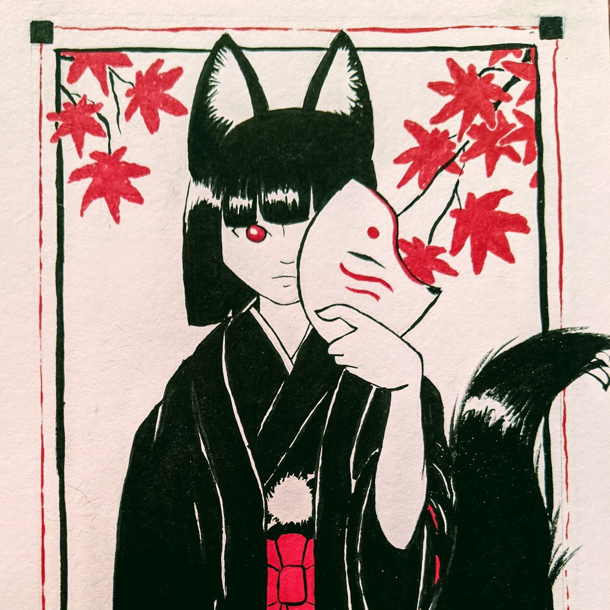 ippiki_jojo's tweet image. Finally got around to finishing this Inktober. Not much change, but just enough! 🦊

#inktober #solate #illustration #momijigari #momiji #leaves #fox