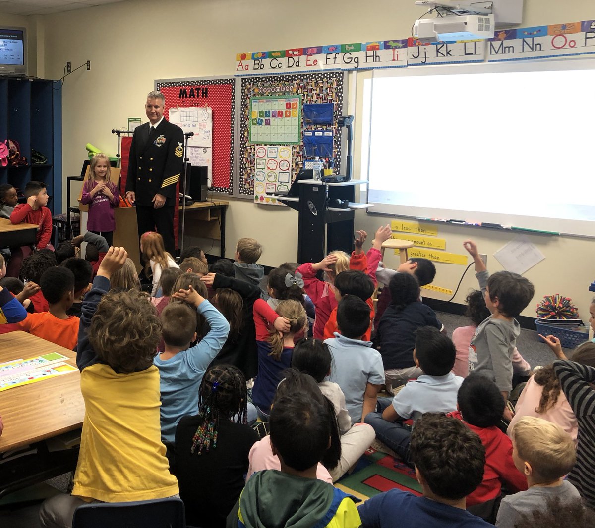 pres_firstgrade's tweet photo. We are so grateful for Mr. Swallows and his service to our country! First grade students enjoyed hearing Mr. Swallows present on his military career and what it means to be a veteran. Thank you to all of our military veterans! #HappyVeteransDay @PorterRidgeESNC https://t.co/0OGIBnIaJ3