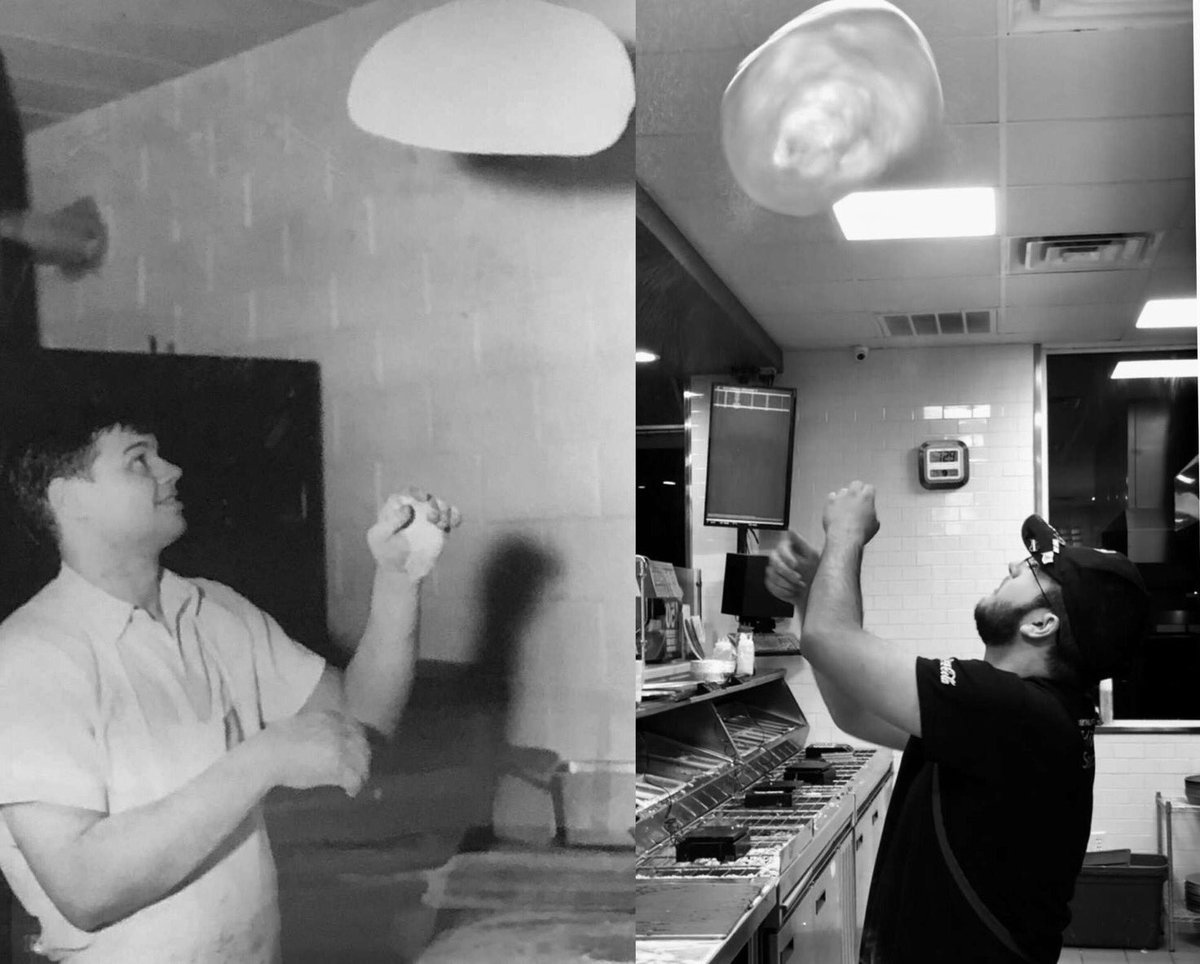 TreyPittman20's tweet photo. Founder vs. Future #Dominos #foundervsfuture #givetreyacommercial #doughtoss #dominospizza #whodiditbetter @dominos https://t.co/z76f2oTQ4o