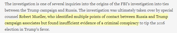 "Robert Mueller, who identified multiple points of contact between Russia and Trump campaign associates but found insufficient evidence of a criminal conspiracy..."Fact Check: Talking to Russian people isn't illegal and Robert Mueller found NO EVIDENCE of a criminal conspiracy.