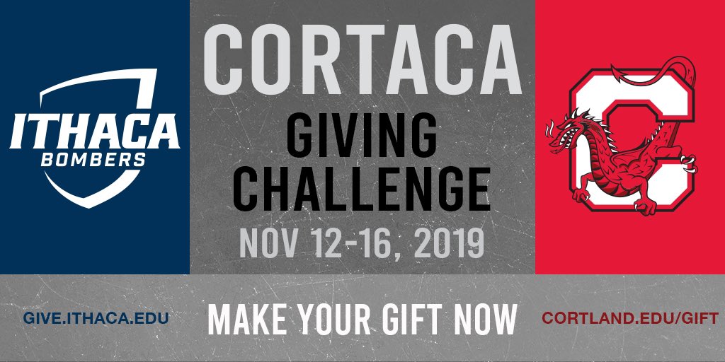 IthacaCollege's tweet photo. The #Cortaca Giving Challenge is on! Show your Bomber pride and help us beat Cortland in a competition for the most donors by 11:59pm Saturday. https://t.co/NCqNJdnvUd https://t.co/9NqYfhvdF4